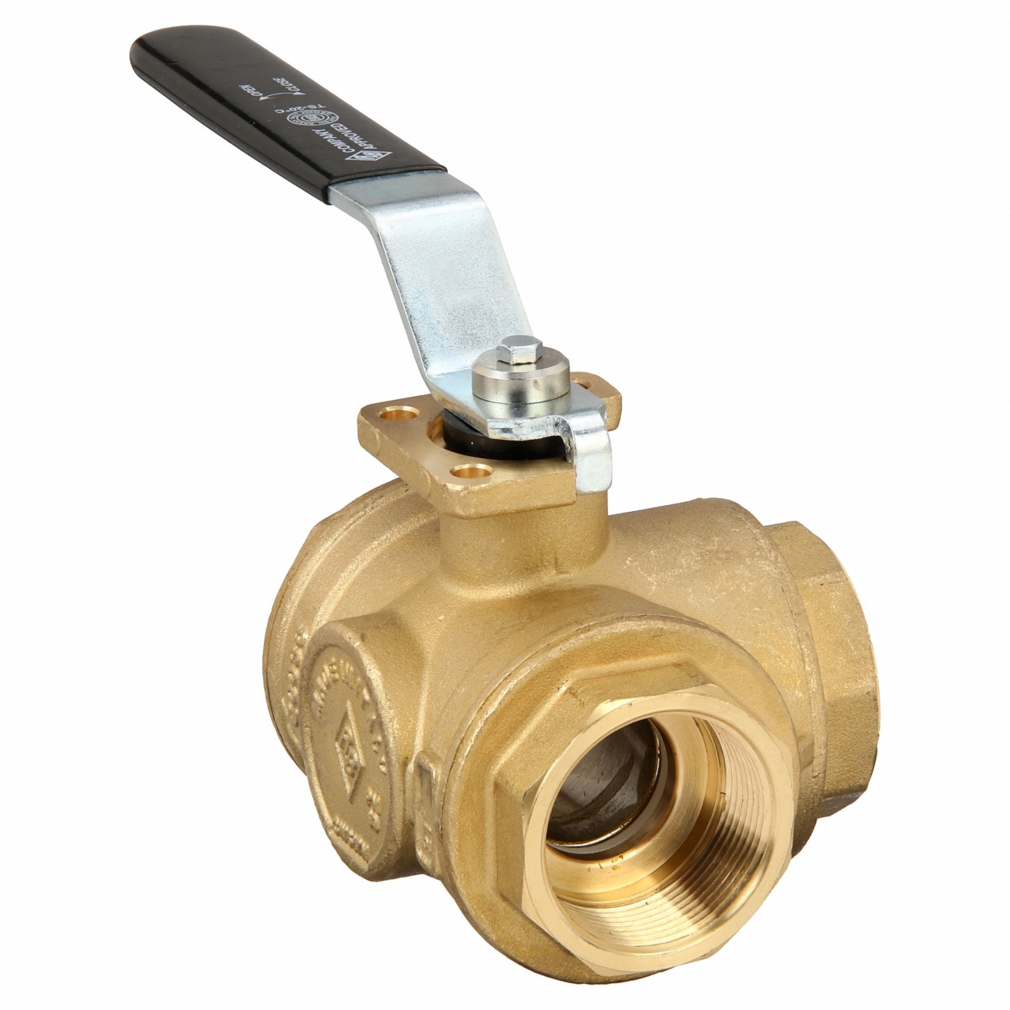 Manual Three-Way Ball Valve: 1 1/2 in, Brass, T Flow, FNPT x FNPT x FNPT, Std Port Ball Port