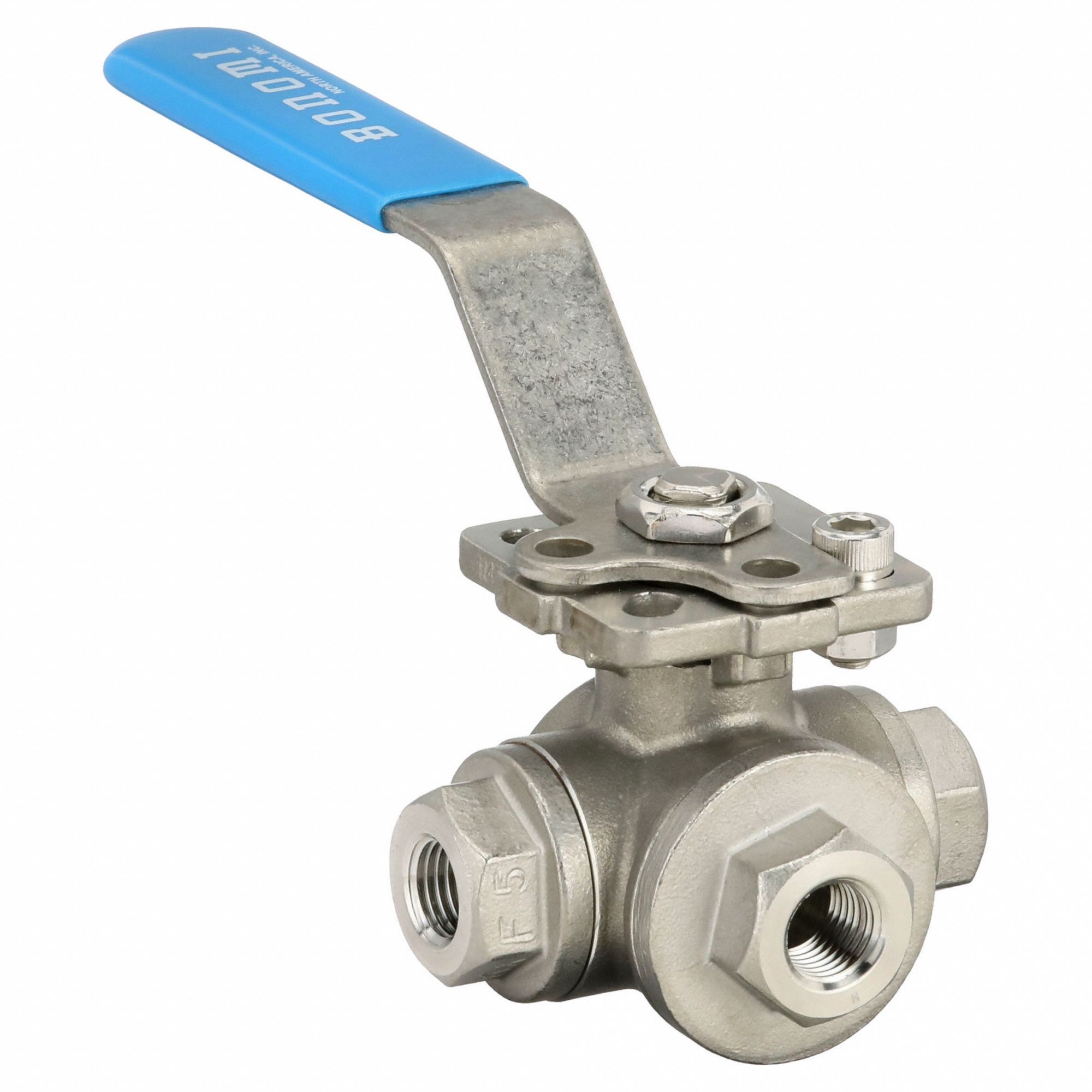 Manual Three-Way Ball Valve: 1/4 in, CF8M Stainless Steel, L Flow, FNPT x FNPT x FNPT