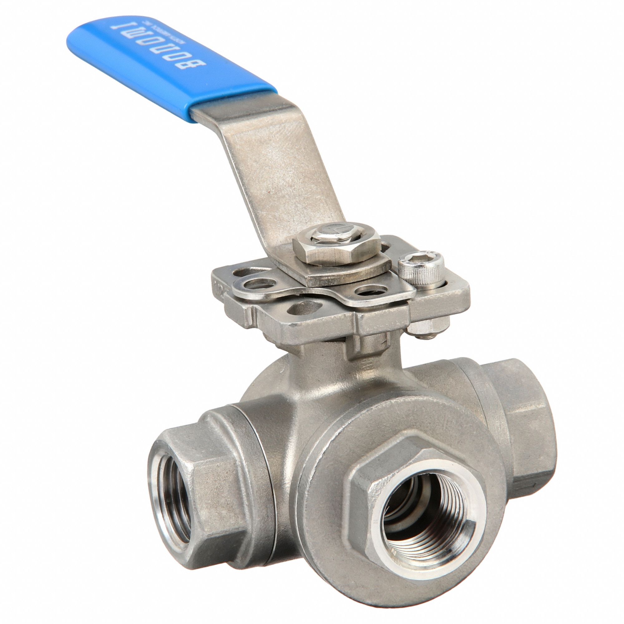 Manual Three-Way Ball Valve: 1/2 in, CF8M Stainless Steel, L Flow, FNPT x FNPT x FNPT