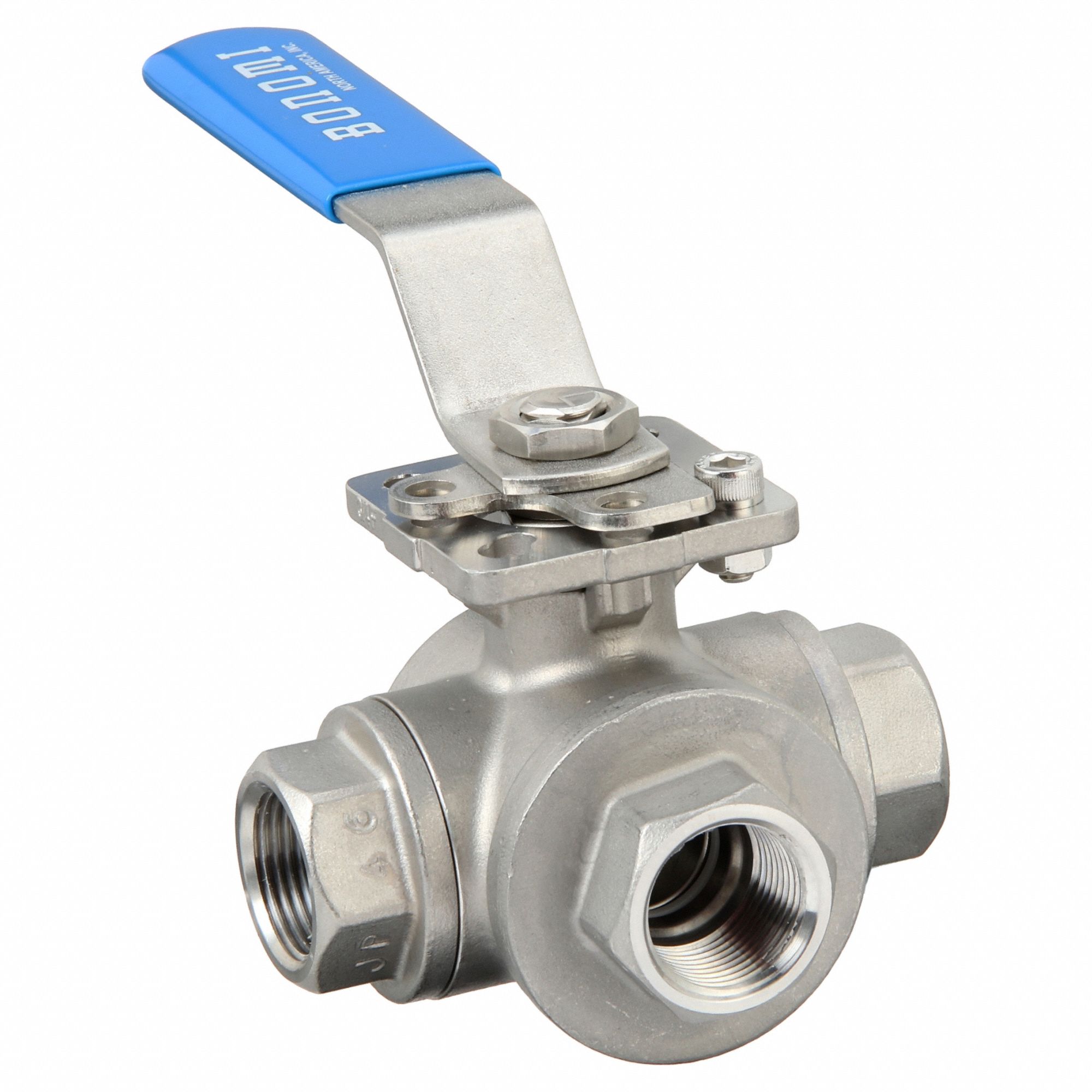 Manual Three-Way Ball Valve: 3/4 in, CF8M Stainless Steel, L Flow, FNPT x FNPT x FNPT