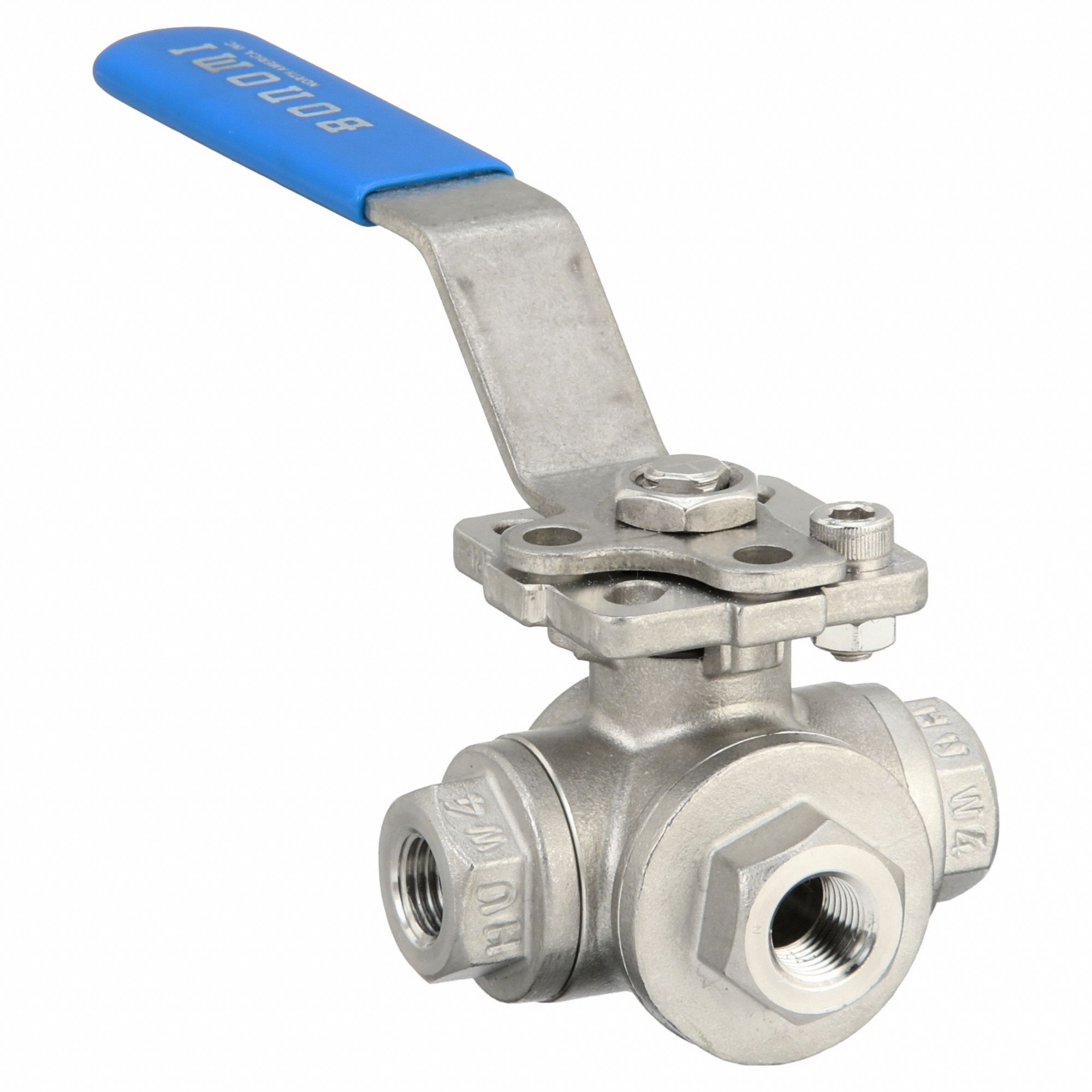 Manual Three-Way Ball Valve: 1/4 in, CF8M Stainless Steel, T Flow, FNPT x FNPT x FNPT