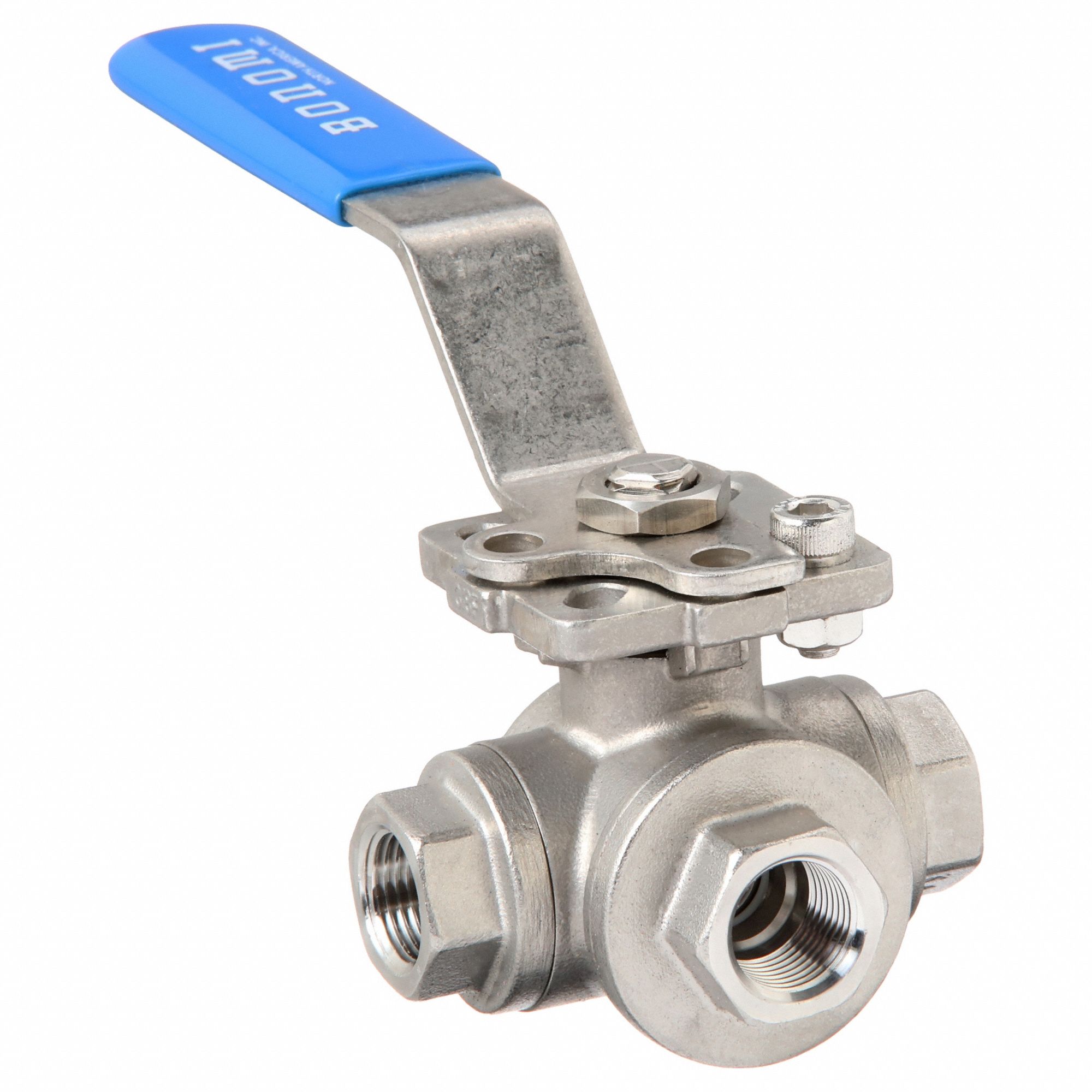 Manual Three-Way Ball Valve: 3/8 in, CF8M Stainless Steel, T Flow, FNPT x FNPT x FNPT