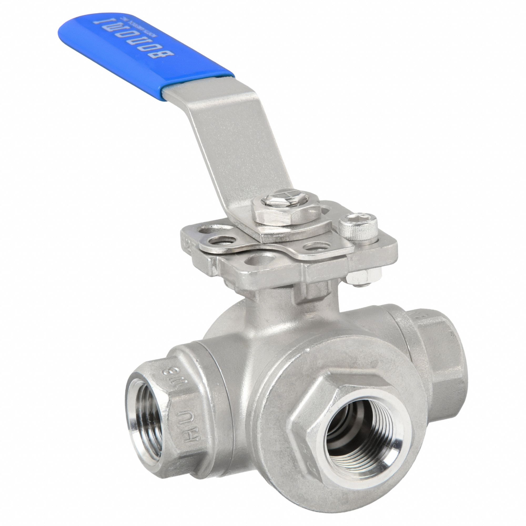 Manual Three-Way Ball Valve: 1/2 in, CF8M Stainless Steel, T Flow, FNPT x FNPT x FNPT