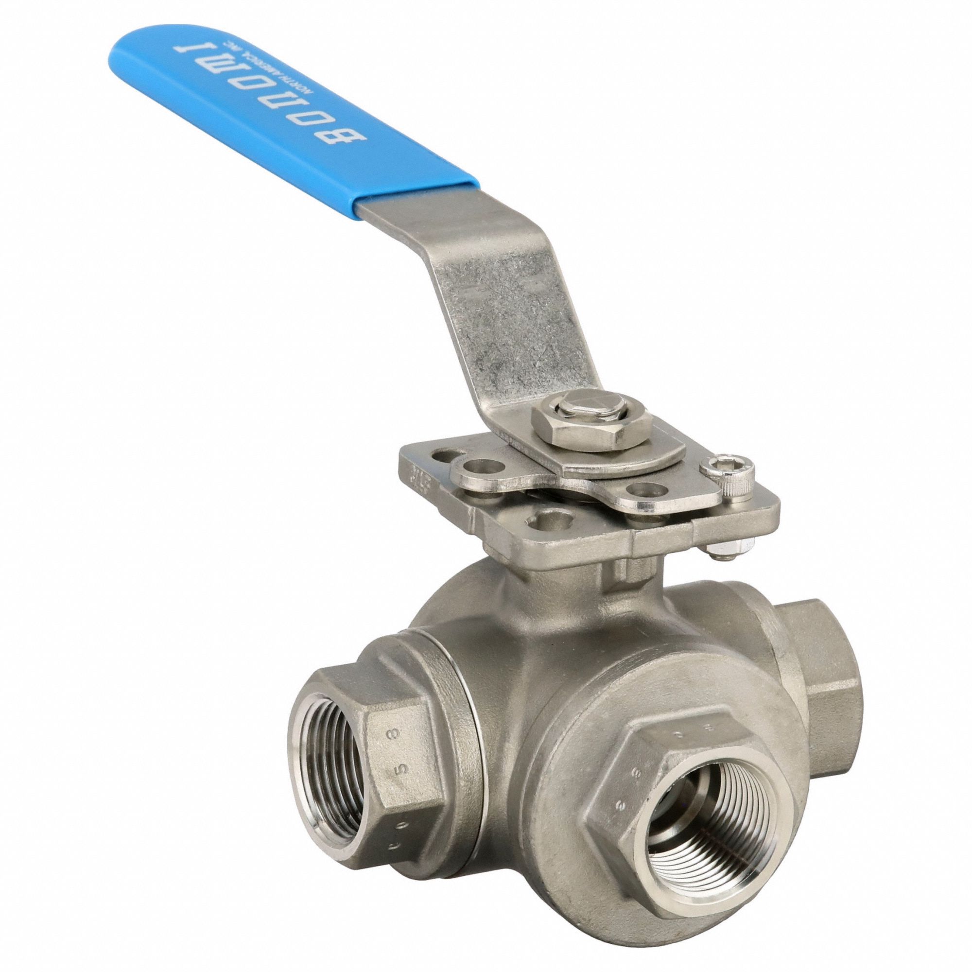 Manual Three-Way Ball Valve: 3/4 in, CF8M Stainless Steel, T Flow, FNPT x FNPT x FNPT