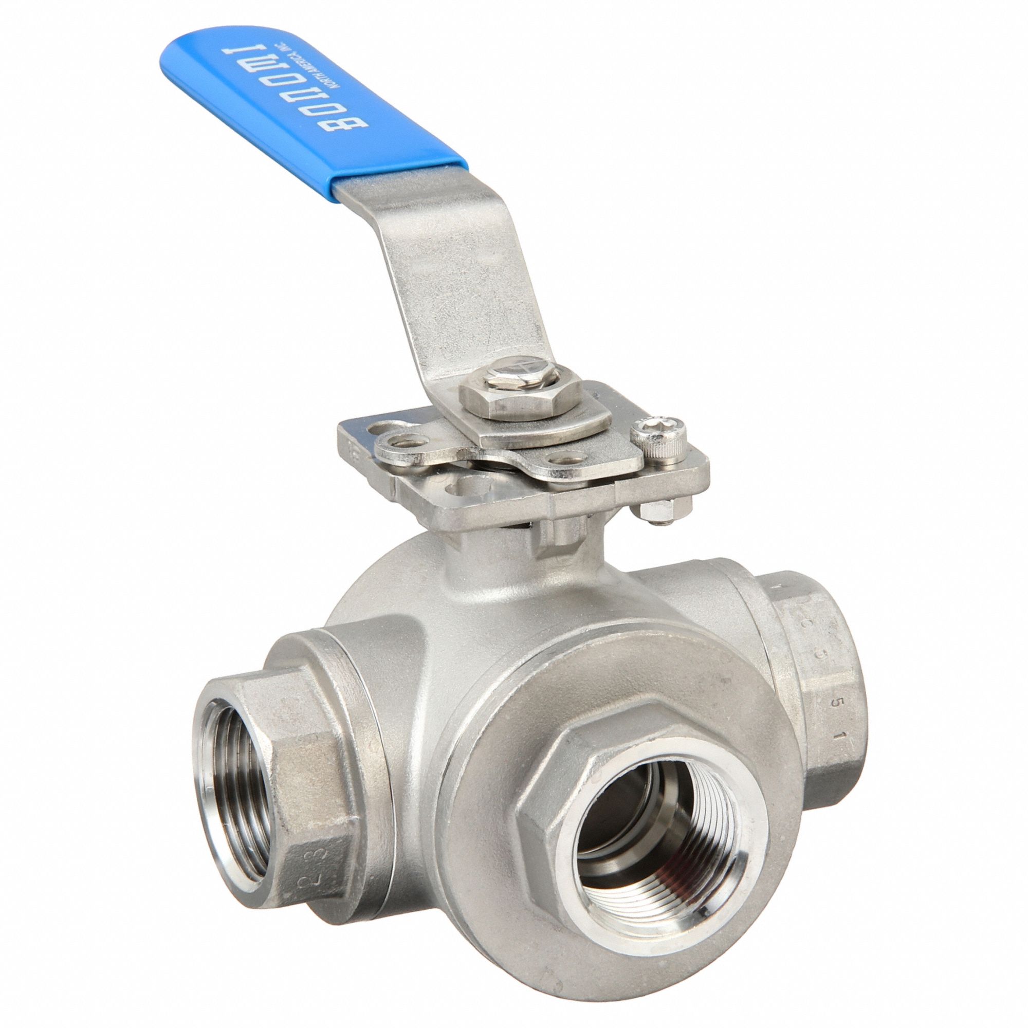 Manual Three-Way Ball Valve: 1 in, CF8M Stainless Steel, T Flow, FNPT x FNPT x FNPT