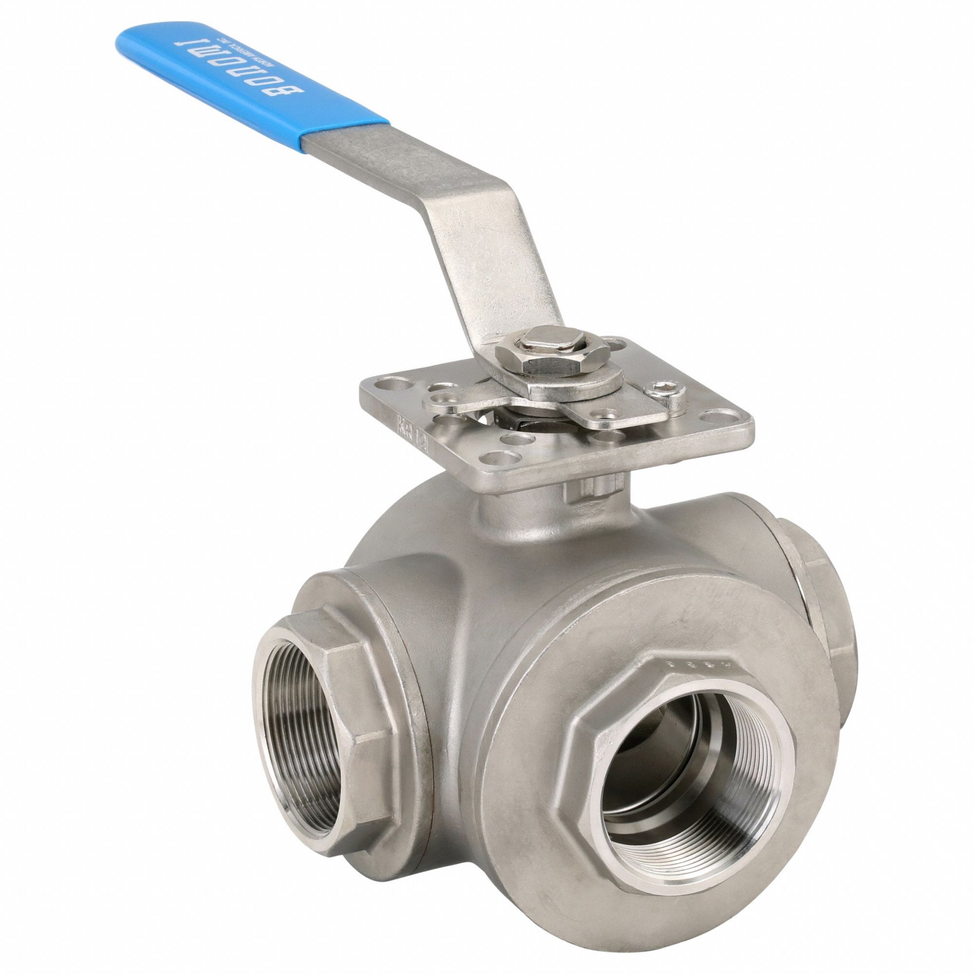 Manual Three-Way Ball Valve: 2 in, CF8M Stainless Steel, T Flow, FNPT x FNPT x FNPT