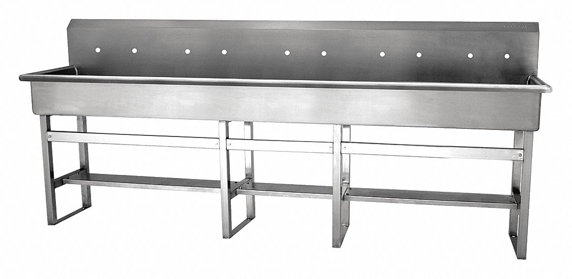 Wash Station: 45 in Overall Ht, 97 in Bowl Lg, 8 in Bowl Dp, 10 Faucet Holes, 16 ga