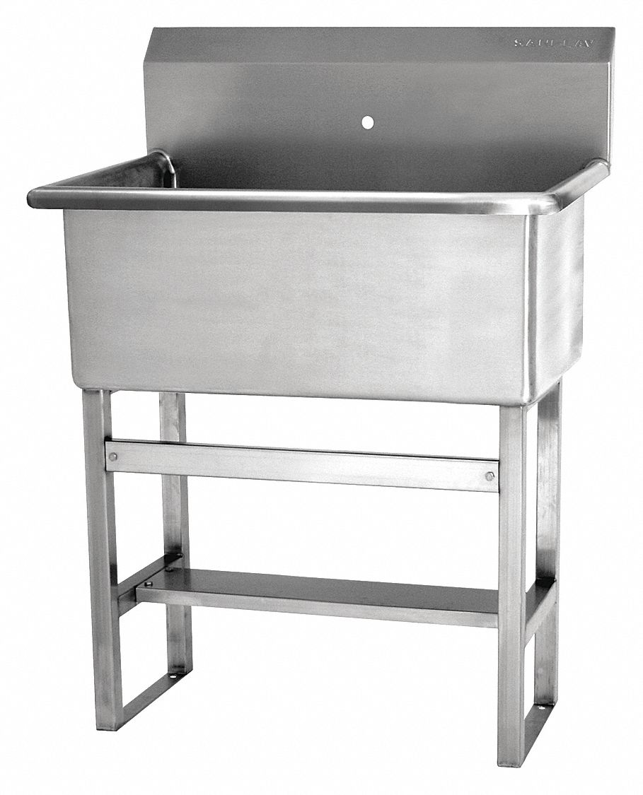 Scrub Sink: 45 1/2 in Overall Ht, 22 in Bowl Lg, 10 1/2 in Bowl Dp, 1 Faucet Holes, 14 ga