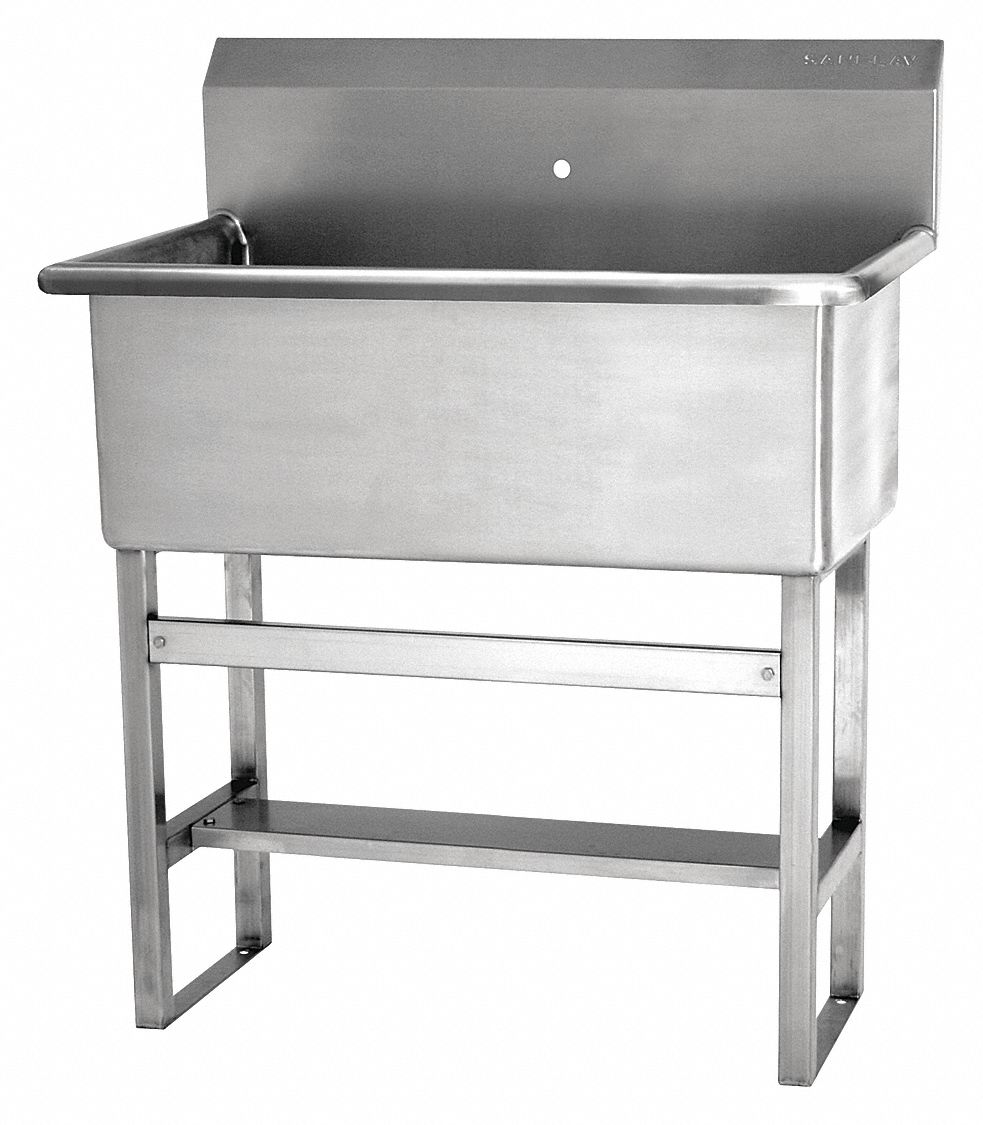 Scrub Sink: 45 1/2 in Overall Ht, 28 in Bowl Lg, 10 1/2 in Bowl Dp, 1 Faucet Holes, 14 ga