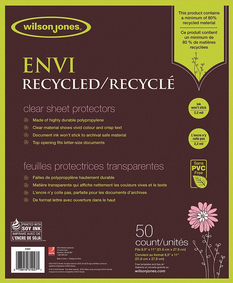 SHEET PROTECTORS, RECYCLED, CLEAR, 8.75X11 3/16 IN, 2.2 MIL, PP, PK 50