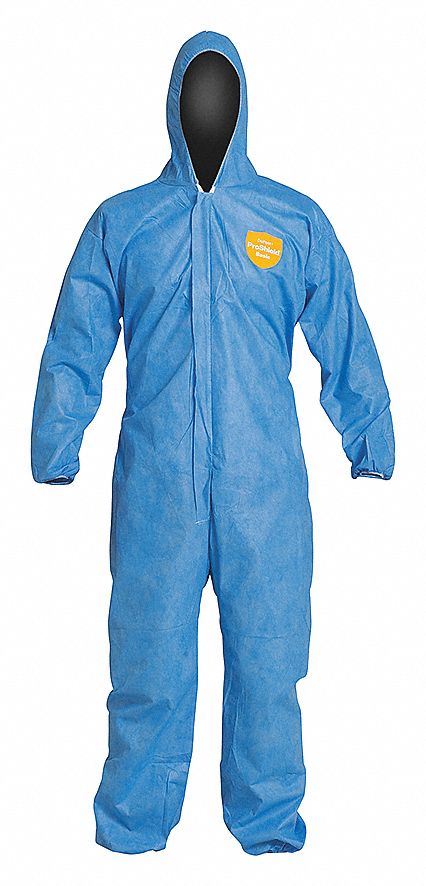 COVERALLS, HOODED, ELASTIC ANKLES, ZIPPER, SERGED SEAMS, BLUE, SZ X-LARGE, PROSHIELD PP SMS