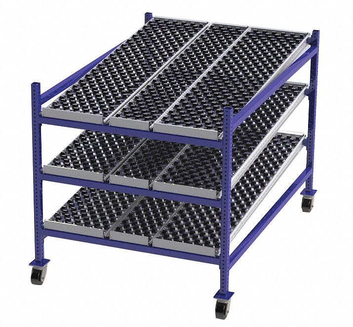 Gravity Flow Rack: 48 in x 72 in x 54 in, Tilt, 3 Shelves, Rubber