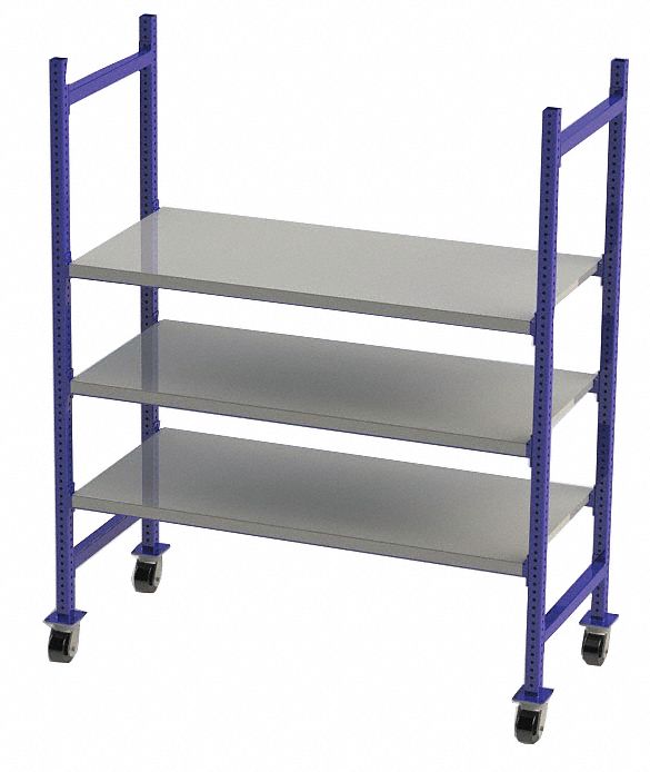 Gravity Flow Rack: 60 in x 28 in x 72 in, Flat, 3 Shelves, Steel