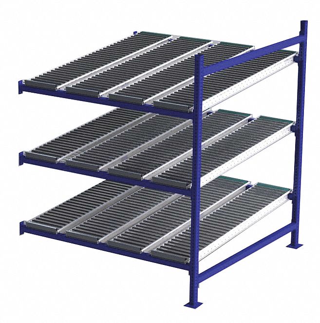 Gravity Flow Rack: Add-On, 60 in x 60 in, 72 in Overall Ht, Tilted, 3 Shelves, Blue