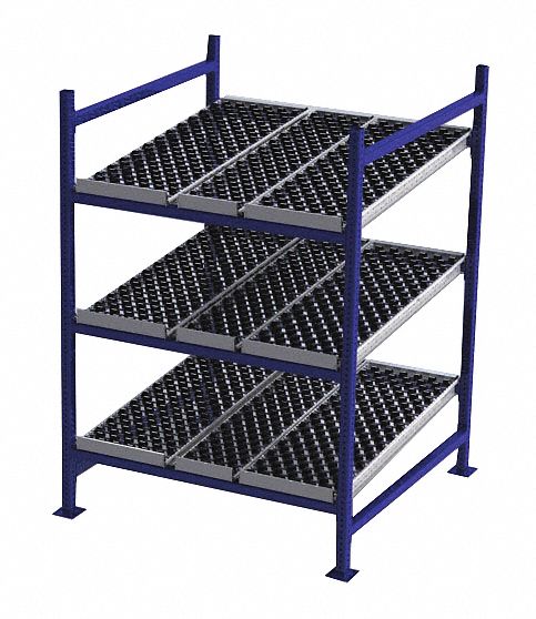 Gravity Flow Rack: Starter, 48 in x 48 in, 72 in Overall Ht, Tilted, 3 Shelves, Blue