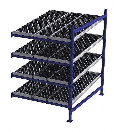 Gravity Flow Rack: Add-On, 48 in x 60 in, 72 in Overall Ht, Tilted, 4 Shelves, Blue