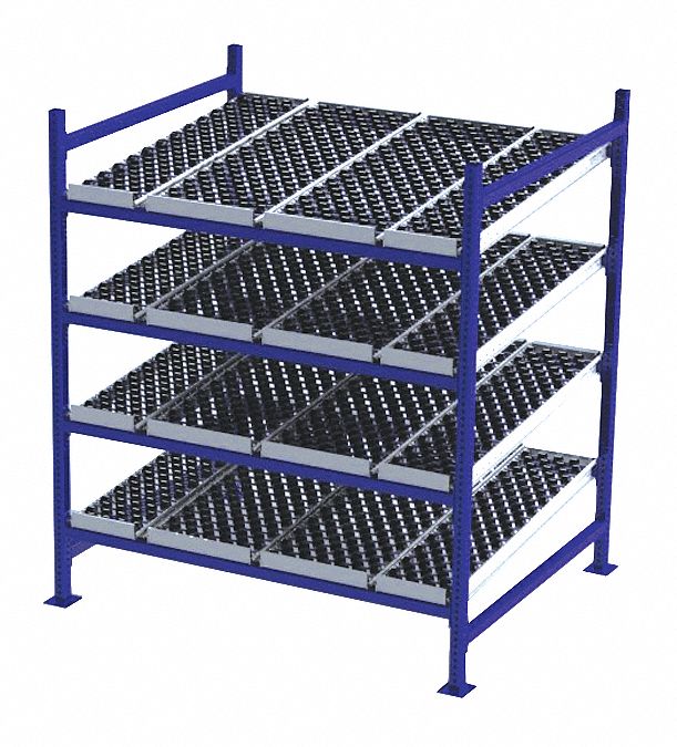 Gravity Flow Rack: Starter, 60 in x 48 in, 72 in Overall Ht, Tilted, 4 Shelves, Blue