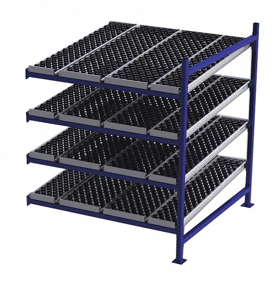 Gravity Flow Rack: Add-On, 60 in x 60 in, 72 in Overall Ht, Tilted, 4 Shelves, Blue