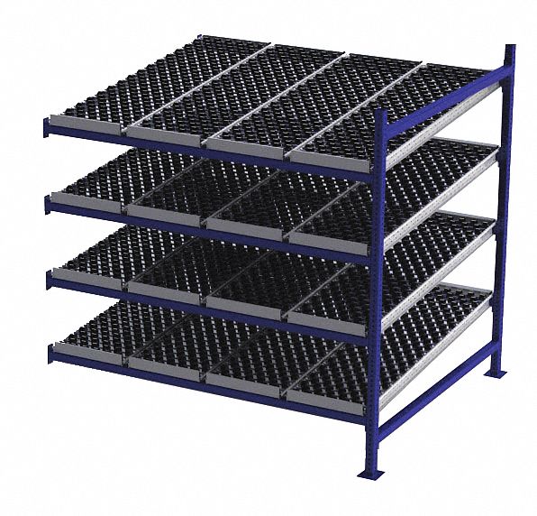 Gravity Flow Rack: Add-On, 72 in x 60 in, 72 in Overall Ht, Tilted, 4 Shelves, Blue