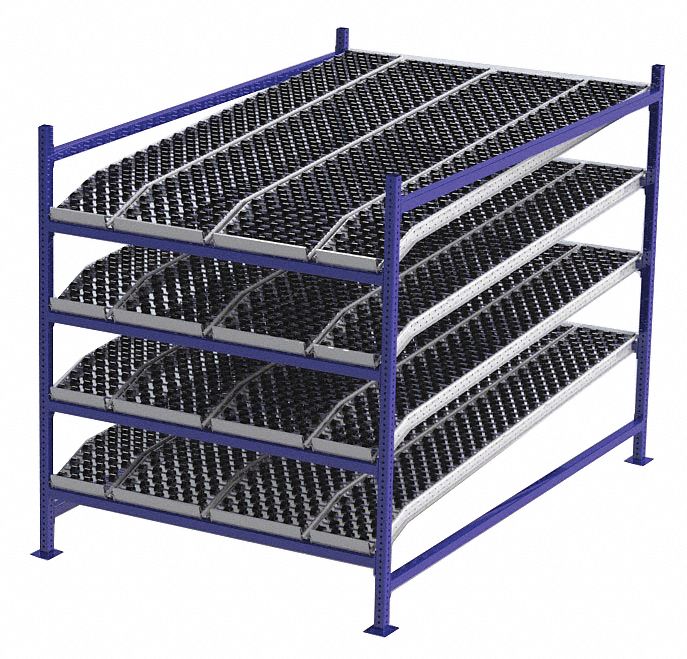 Gravity Flow Rack: Starter, 60 in x 96 in, 72 in Overall Ht, Tilted, 4 Shelves, Blue