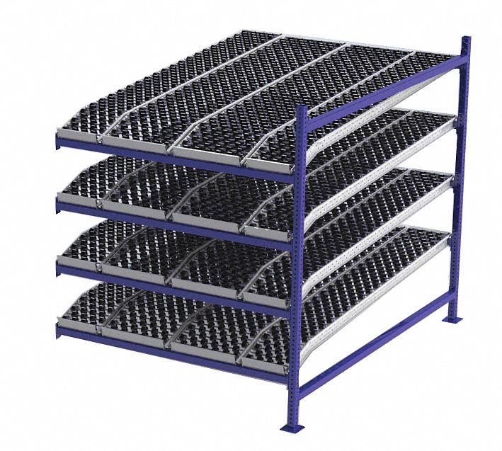 Gravity Flow Rack: Add-On, 60 in x 84 in, 72 in Overall Ht, Tilted, 4 Shelves, Blue