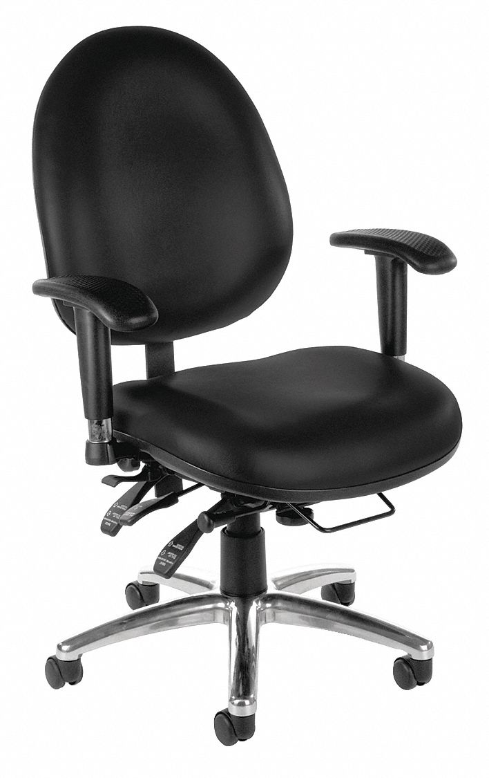 Desk Chair: Adj Arm, Black, Vinyl, 400 lb Wt Capacity, 19 in to 23 in Nom. Seat Ht. Range