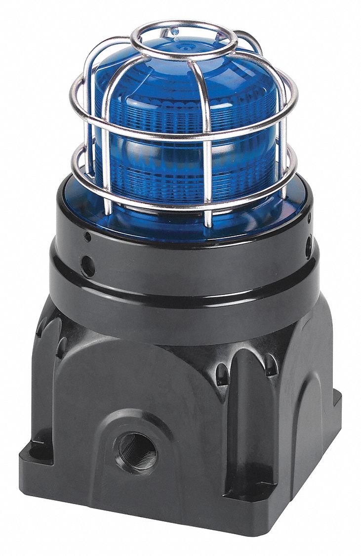 Strobe Light: Xenon, 120V AC, 8 15/16 in Overall Ht, 5 7/32 in Overall Lg, Blue