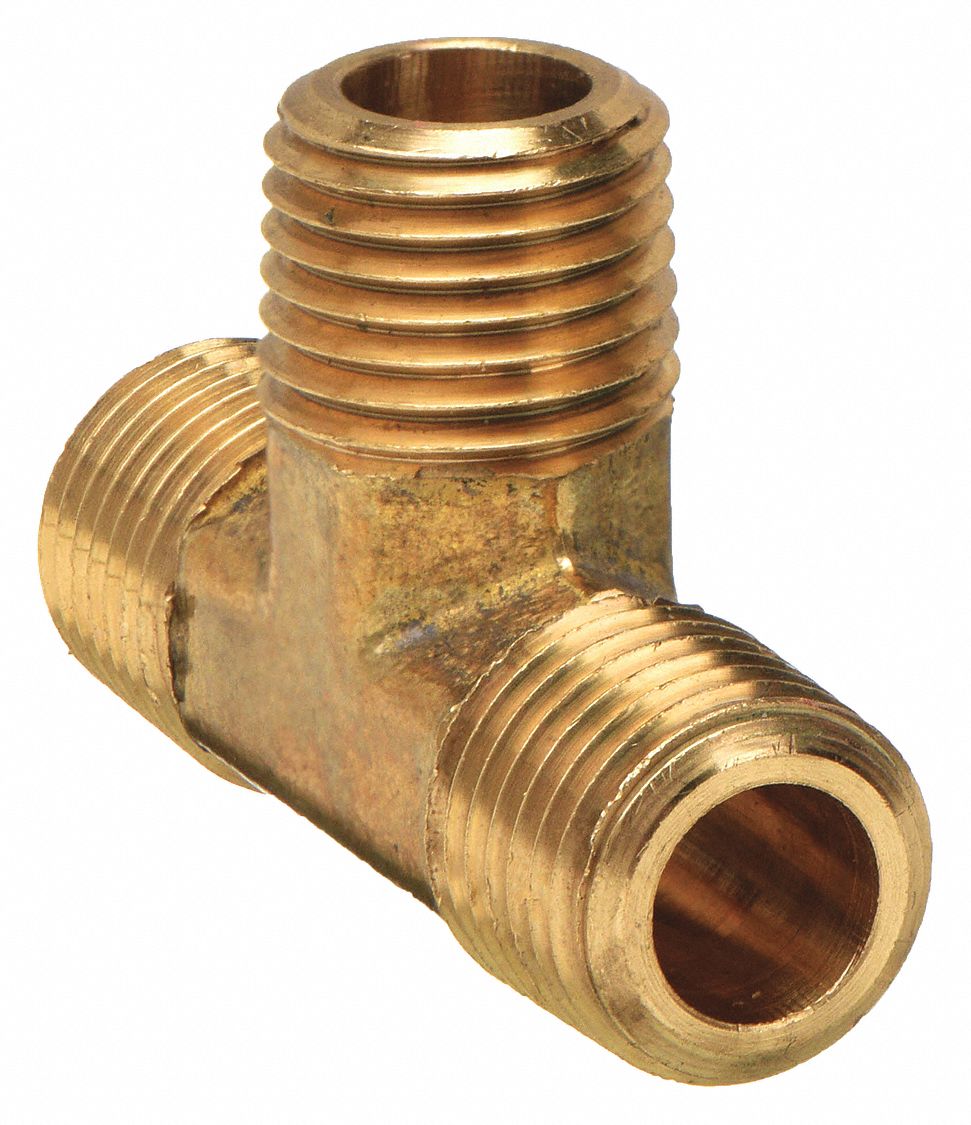 Male Tee: Brass, 1/4 in x 1/4 in x 1/4 in Fitting Pipe Size, Male NPT x Male NPT x Male NPT