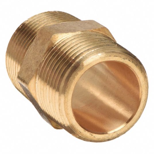 Brass, 1/2 in x 1/2 in Fitting Pipe Size, Hex Nipple - 46M440