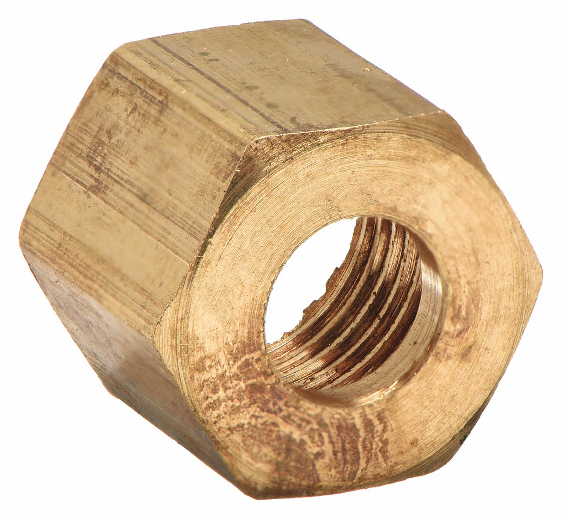 NUT: BRASS, COMPRESSION, FOR 5/16 IN TUBE OD, ½-24 THREAD, ALUMINUM/COPPER/THERMOPLASTIC