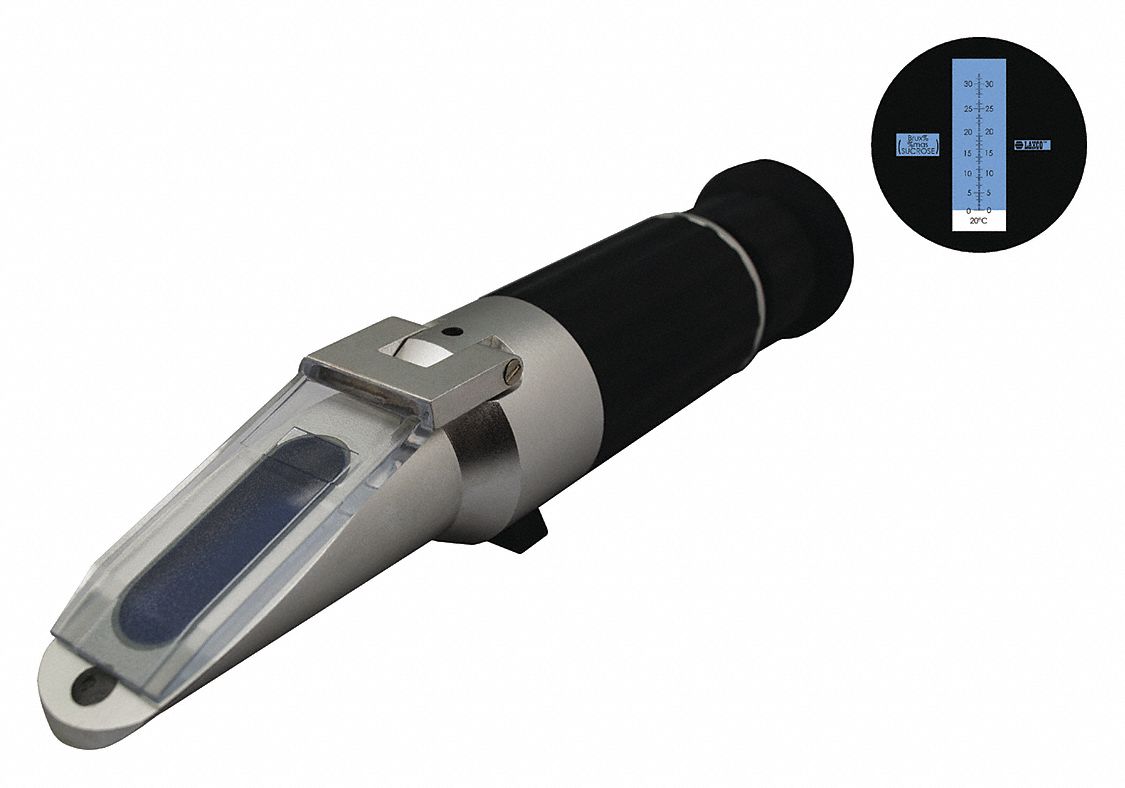 Refractometer: Brix, +/-0.2% Accuracy, Auto, Analog, 7 1/2 in Overall Dp, 1 in Overall Wd