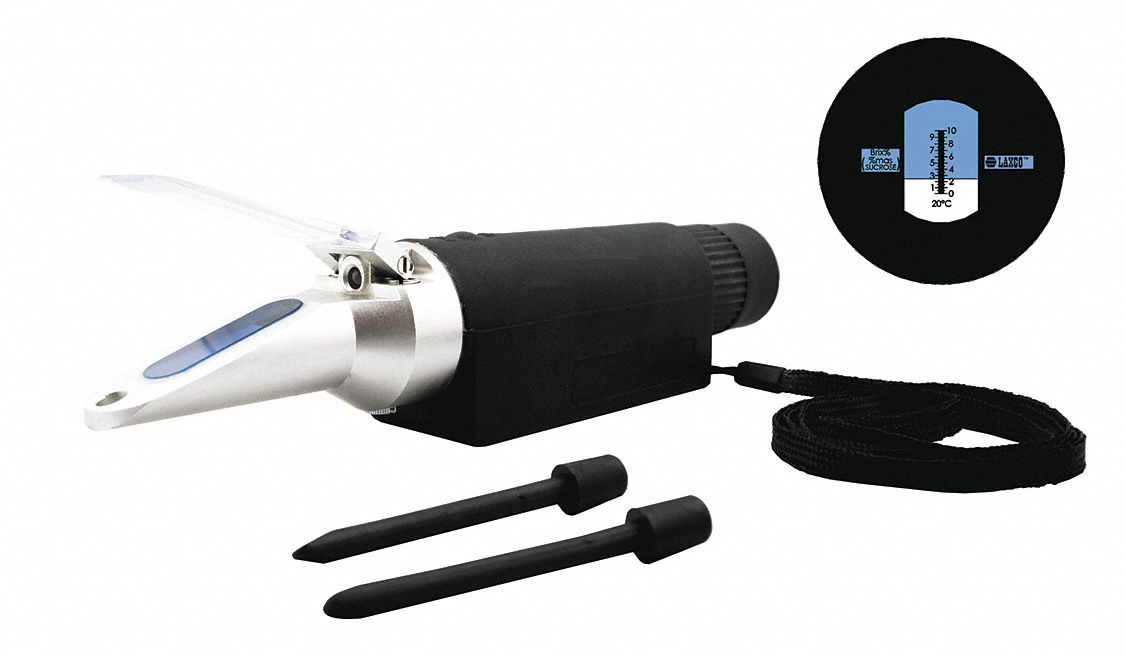 Refractometer: Brix, +/-0.1% Accuracy, Auto, Analog, 9 in Overall Dp, 1 1/2 in Overall Wd