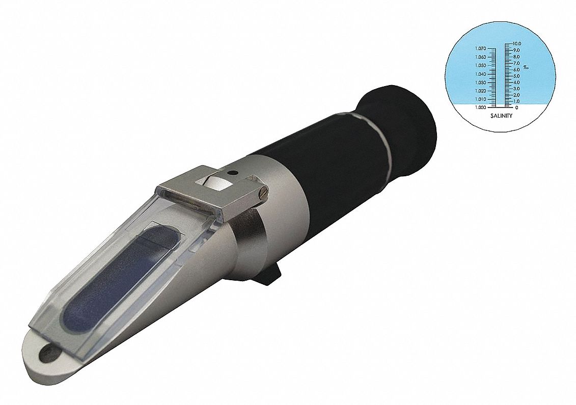 Refractometer: Salinity/Specific Gravity, +/-1% Accuracy, Auto, Analog, 9 in Overall Dp