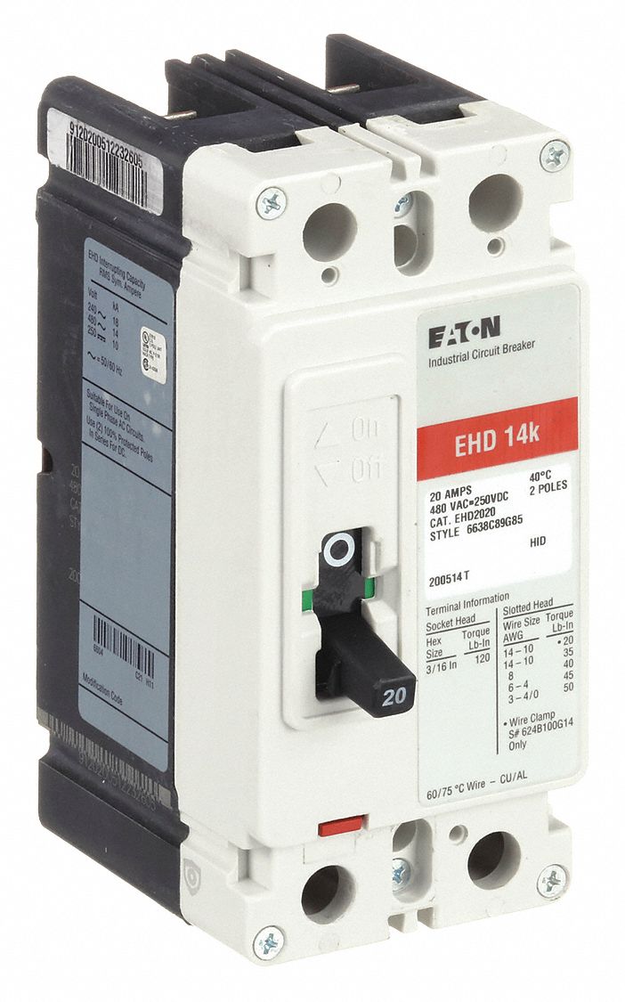 Molded Case Circuit Breaker: 20 A Amps, 18kA at 240V AC, Fixed, ABC, Load Side Lug, Std, EHD