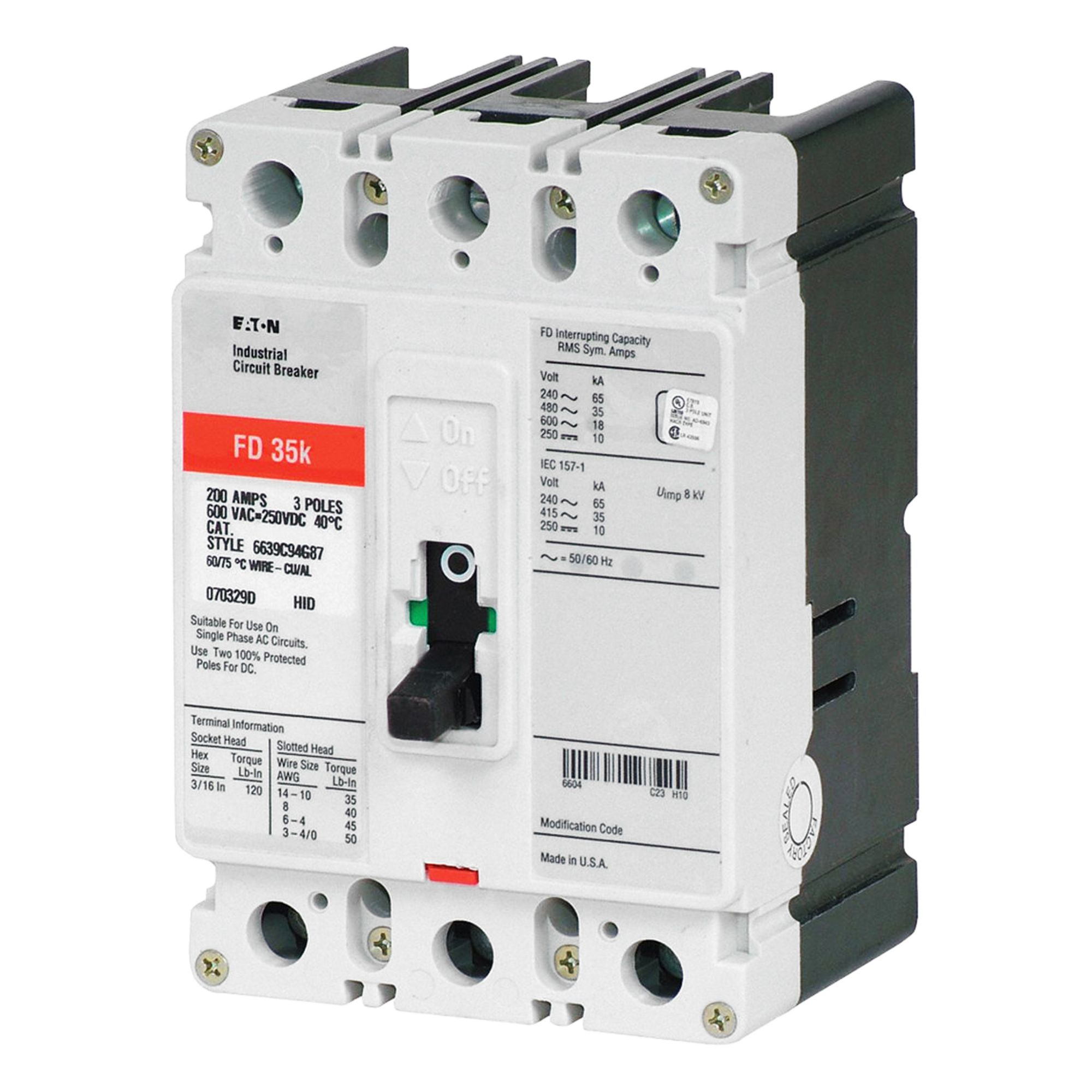 Molded Case Circuit Breaker: 200 A Amps, 65kA at 240/277V AC, Fixed, ABC, Load Side Lug, Std