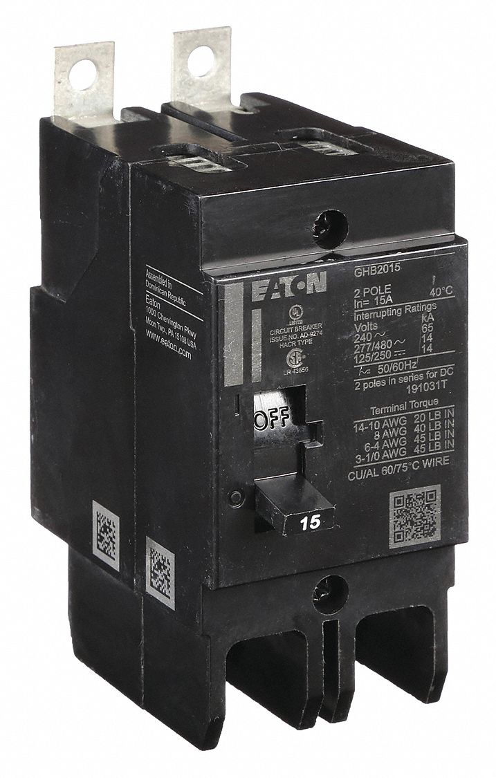 Miniature Circuit Breaker: 15 A, 277/480V AC, Single Phase, 14kA at 277/480V AC, 2 Poles, Std