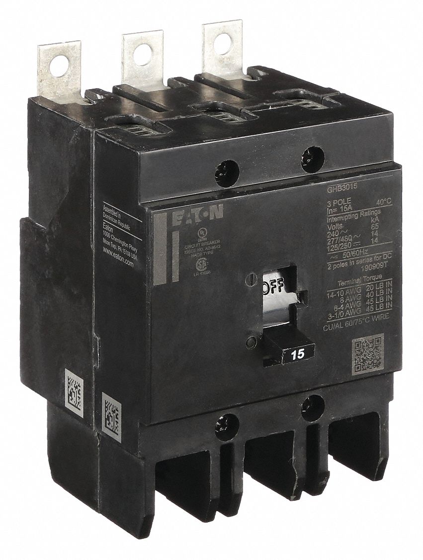 Miniature Circuit Breaker: 15 A, 277/480V AC, Three Phase, 14kA at 277/480V AC, 3 Poles, Std