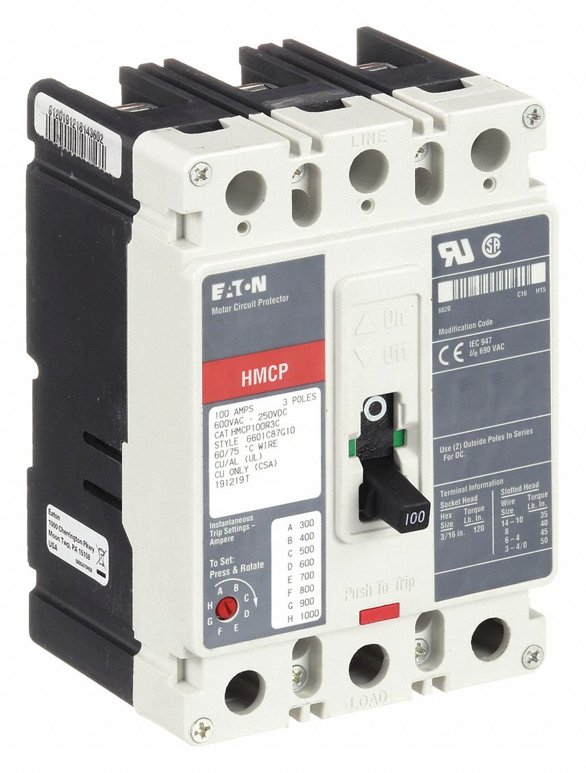 Molded Case Circuit Breaker: 100 A Amps, 65kA at 600V AC, Fixed, ABC, Line/Load Lug, Std, HMCP