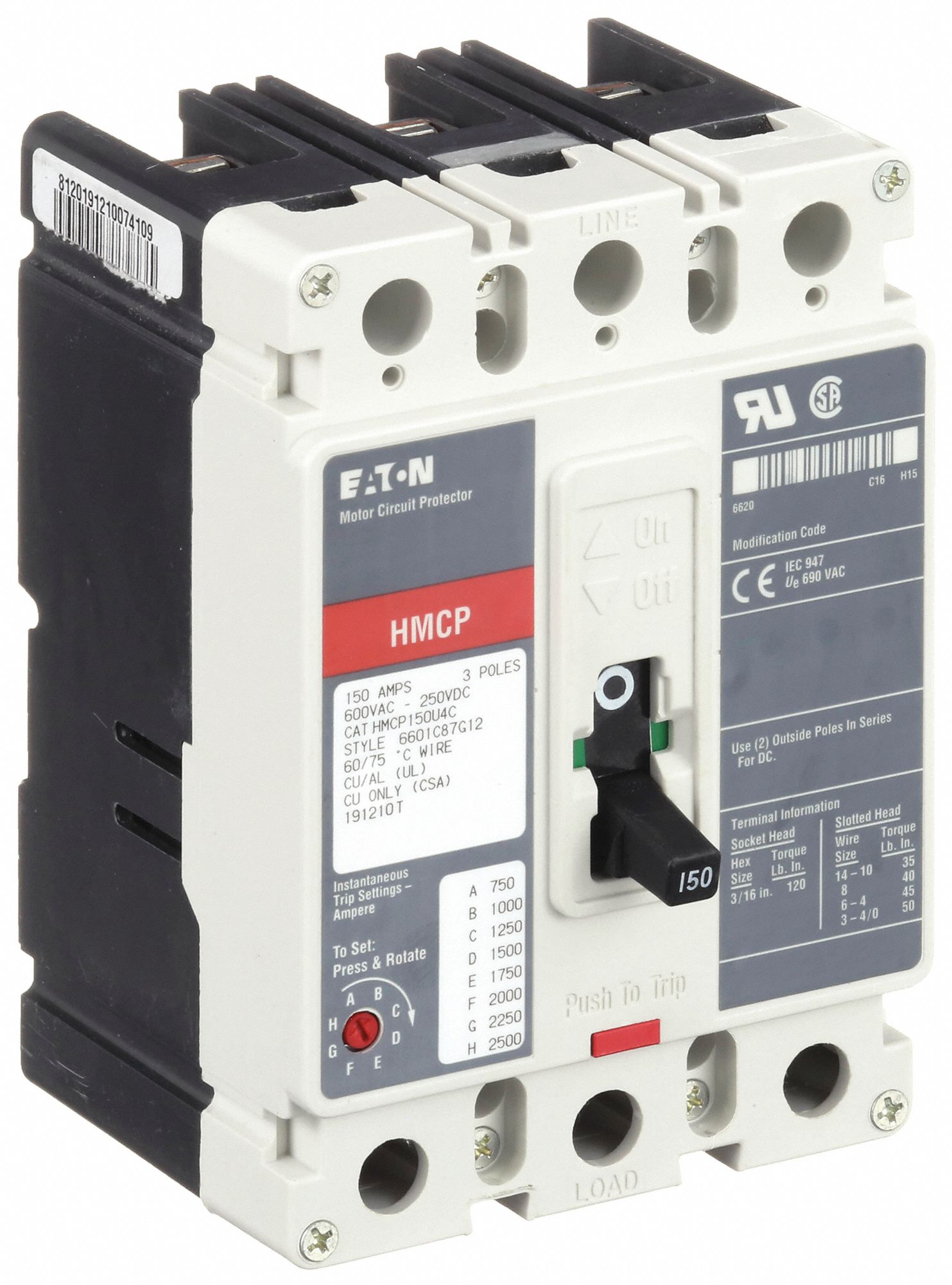 Molded Case Circuit Breaker: 150 A Amps, 65kA at 600V AC, Fixed, ABC, Line/Load Lug, Std, HMCP