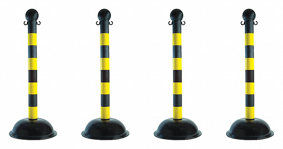CROWD CONTROL STANCHION, BLACK/YELLOW, 41 X 3 IN/BASE 16 IN DIA, PE, PK 4