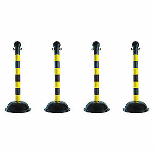 CROWD CONTROL STANCHION, BLACK/YELLOW, 41 X 3 IN/BASE 16 IN DIA, PE, PK 4