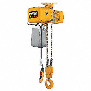 ELECTRIC CHAIN HOIST, 5 TON CAPACITY, 15 FT LIFT, 440V, 11/2 FPM, 4.7 HP, 33 1/2 IN BETWEEN HOOKS