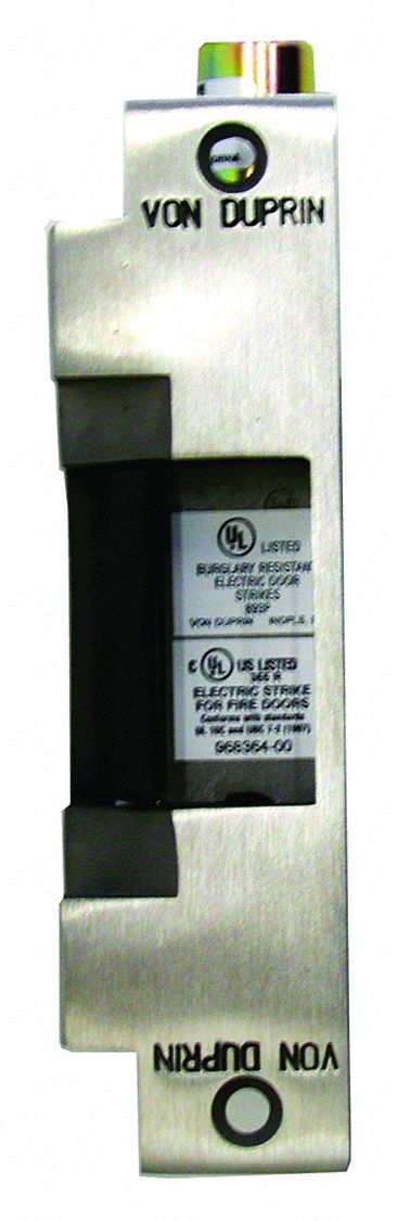 Electric Door Strike: 1 5/8 in Wd, 6 in Ht, Cylindrical/Mortise, Stainless Steel