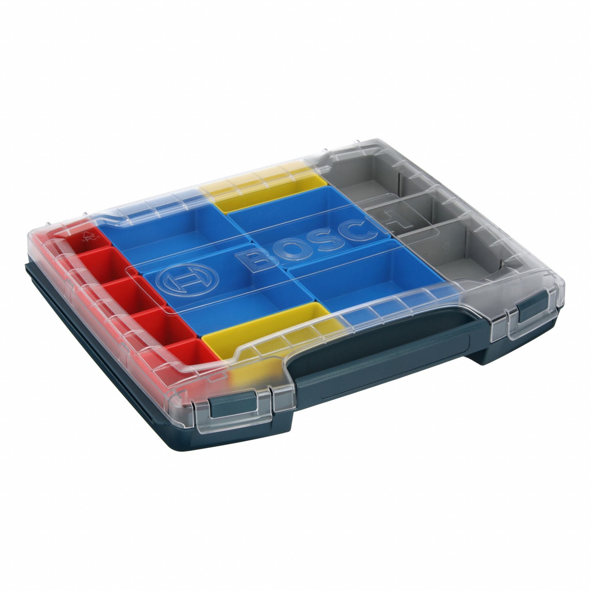 Tool Box: 12 1/2 in W 14 1/4 in D 2 1/4 in H, Plastic, Blue, Hinged Lid, Padlock
