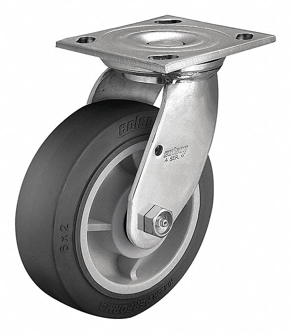 PLATE CASTER, SWIVEL, 3/8 IN, LD CAP 675 LB, WHEEL SZ 2 X 8, PLATE SZ 4 X 4 1/2 IN, RUBBER