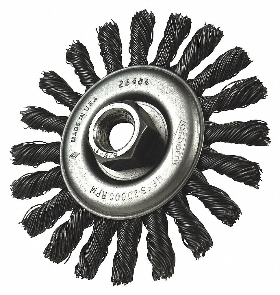 WHEEL BRUSH, KNOTTED WIRE, STRINGER BEAD, 4 7/8 IN BRUSH DIA/0.02 IN WIRE DIA, STAINLESS STEEL