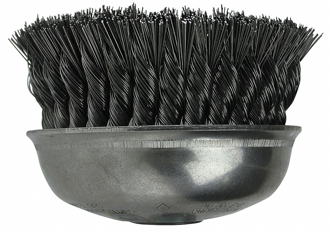 KNOT-TWIST CUP BRUSH, 6000 RPM, THREADED ARBOR, 6 IN, 0.02 IN WIRE, STEEL