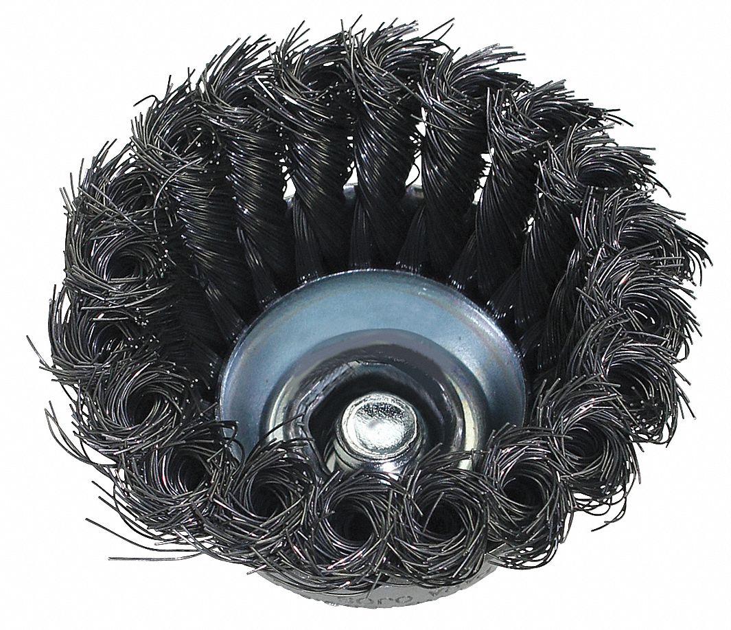 KNOT-TWIST CUP BRUSH, 6,000 RPM, THREADED ARBOR, 2 3/4 IN, 0.014 IN WIRE, STEEL
