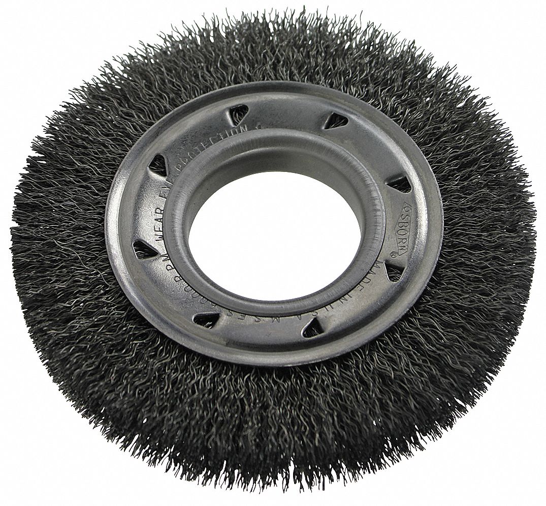 WHEEL BRUSH, WIRE, CRIMPED, 2 IN ARBOR, 6 IN BRUSH DIA/0.014 IN WIRE DIA, CARBON STEEL