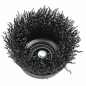 CRIMPED WIRE CUP BRUSH, 14000 RPM, THREADED ARBOR, 2 3/4 IN, 0.020 IN WIRE